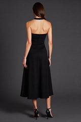 A Linie Neckholder Schwarzes Midi Abendkleid mit Schlitz