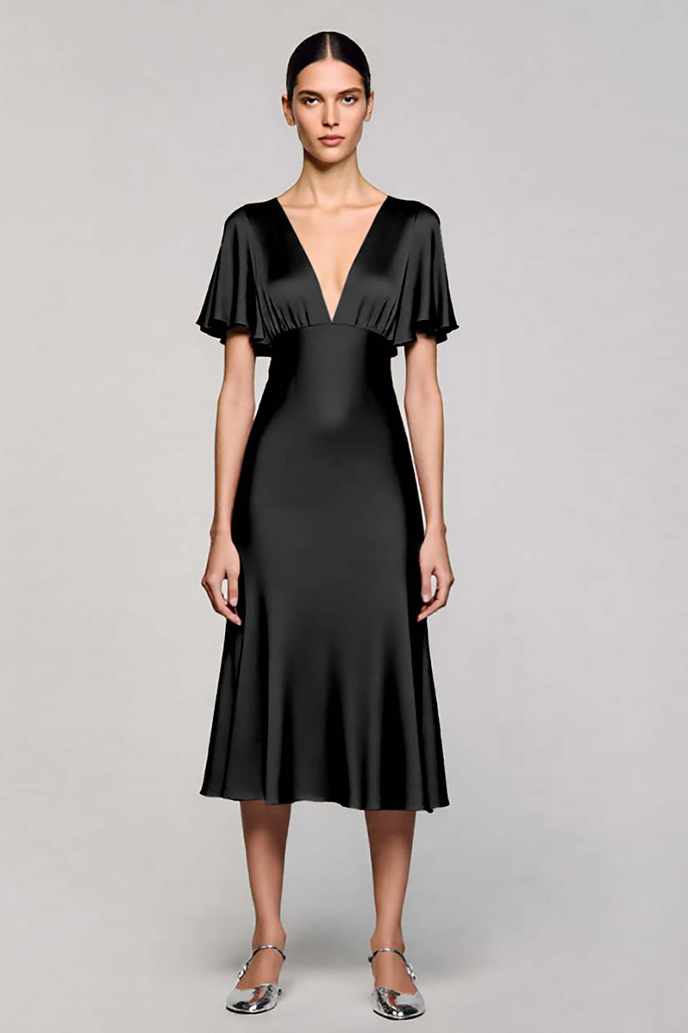 A Linie Kurzärmeliges Graues Midi Ballkleid mit Rüschen