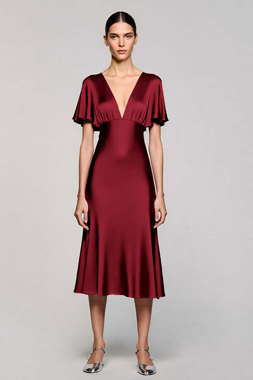 A Linie Kurzärmeliges Graues Midi Ballkleid mit Rüschen