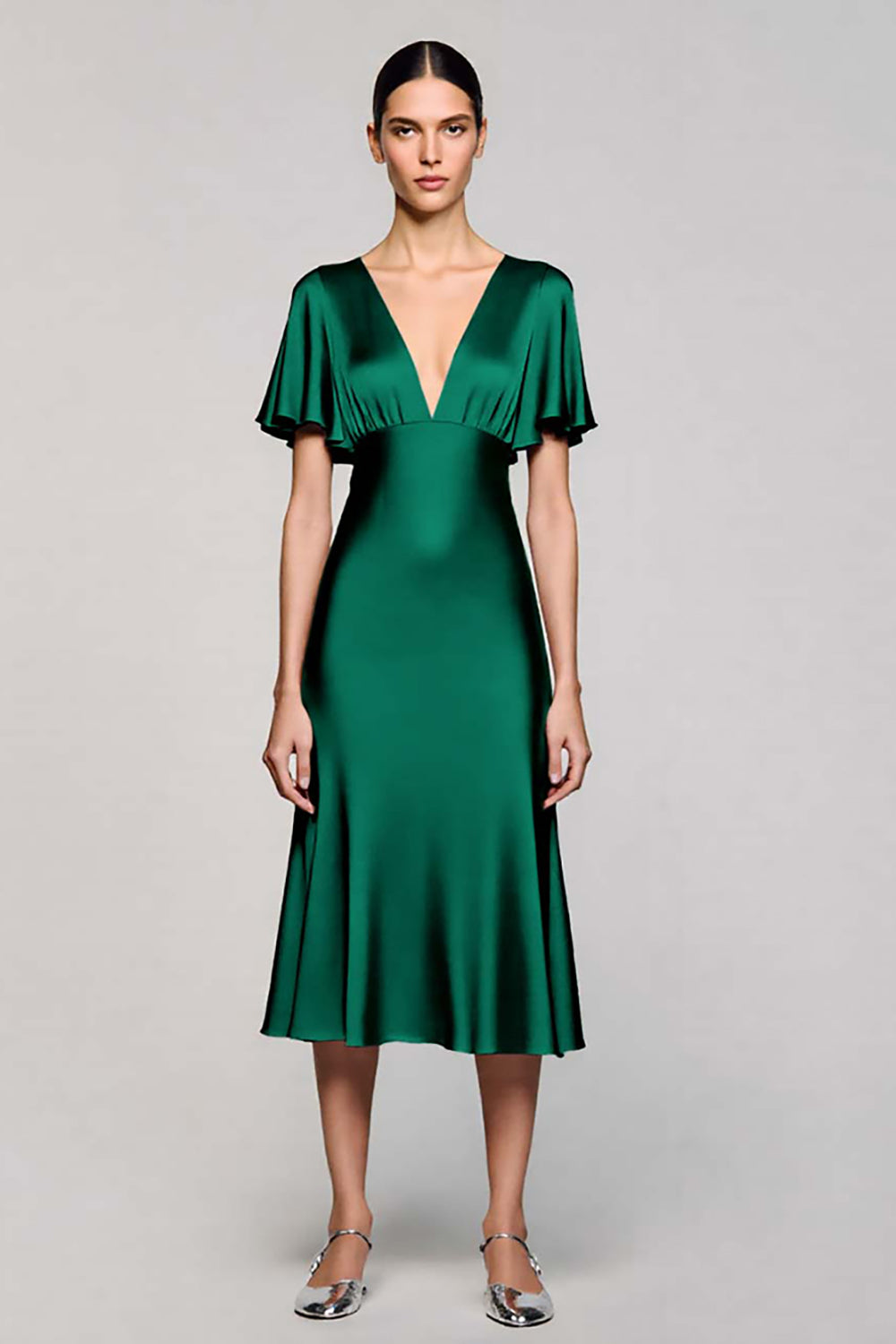 A Linie Kurzärmeliges Graues Midi Ballkleid mit Rüschen
