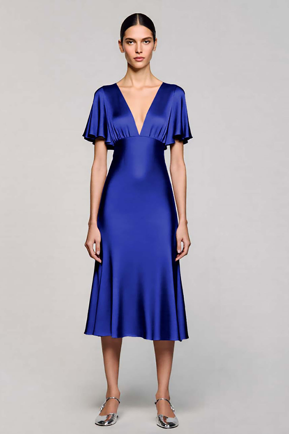 A Linie Kurzärmeliges Graues Midi Ballkleid mit Rüschen