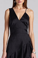 Schwarzes A-Linie Midi Partykleid mit V-Ausschnitt und Rüschen