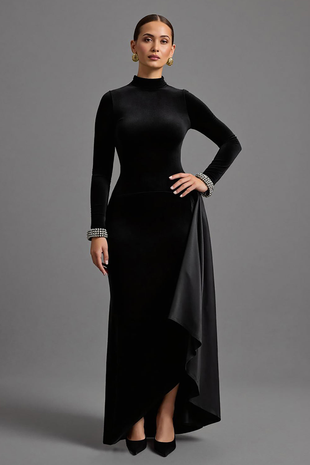 Schwarzes Hoch Niedrig Ballkleid aus Samt