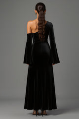 Langes Samt Schwarzes Ballkleid mit einer Schulter und ausgestellten Ärmeln