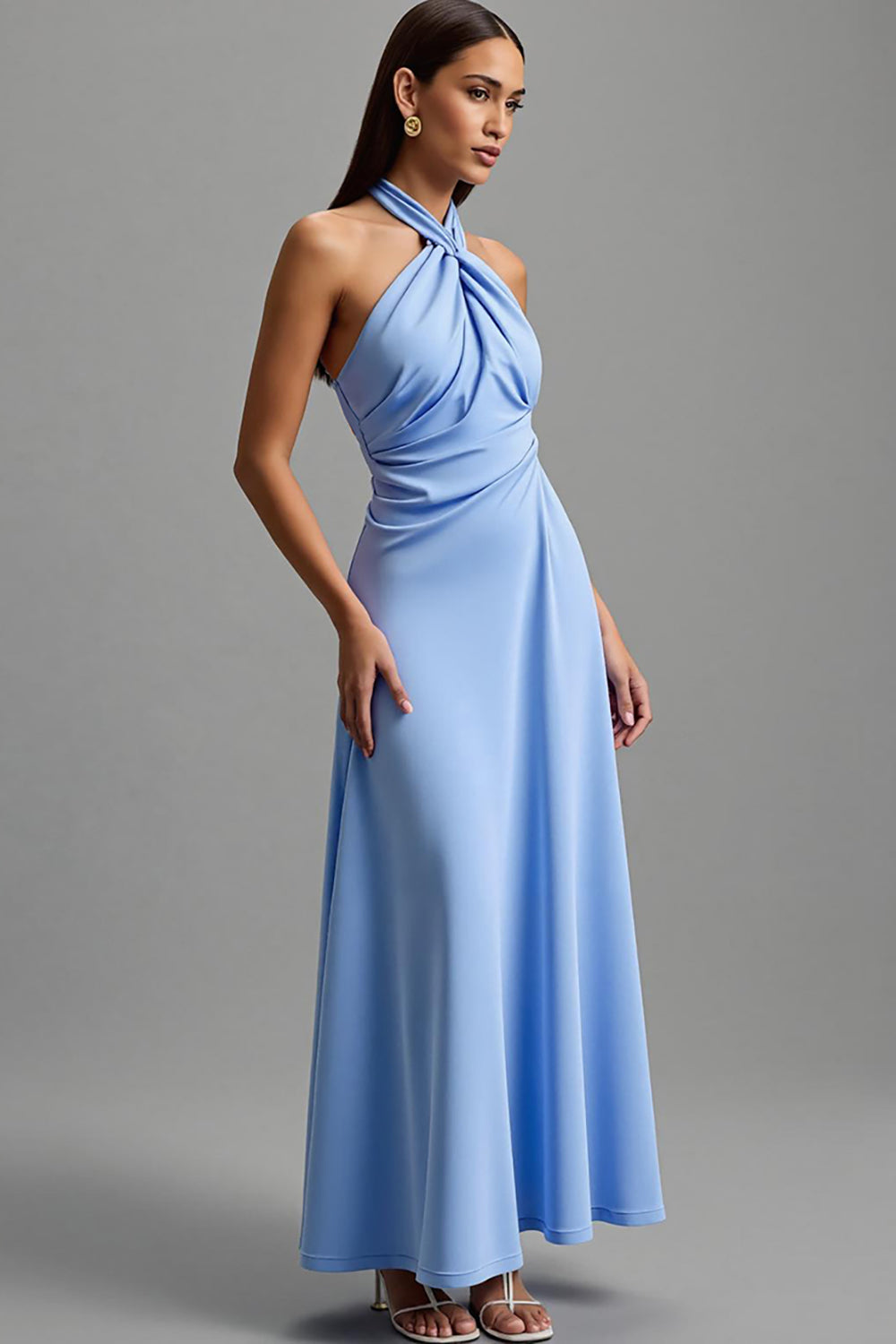 Neckholder Blaues Langes Ballkleid mit Rüschen