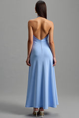 Neckholder Blaues Langes Ballkleid mit Rüschen