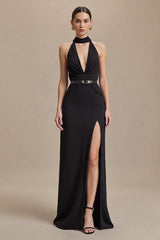 Schwarzes Langgeschlossenes Ballkleid mit hohem Ausschnitt und Schlitz