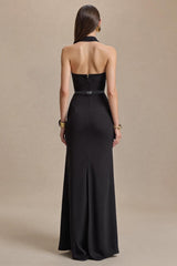 Schwarzes Langgeschlossenes Ballkleid mit hohem Ausschnitt und Schlitz