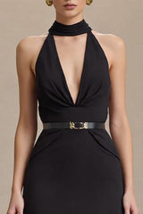 Schwarzes Langgeschlossenes Ballkleid mit hohem Ausschnitt und Schlitz