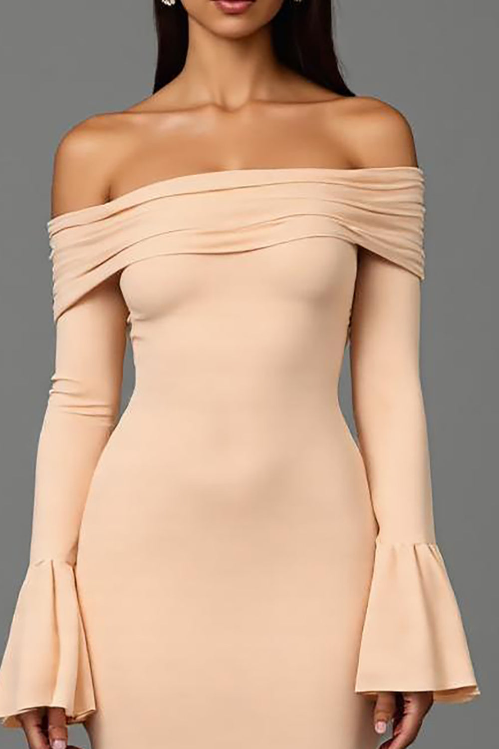 Schulterfreies Gerüschtes Aprikose Gerafftes Abendkleid