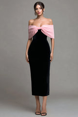 Schulterfreies Schwarzes Rosa Figurbetontes Midikleid mit Schleife