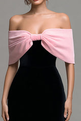 Schulterfreies Schwarzes Rosa Figurbetontes Midikleid mit Schleife