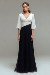 Schwarz Weiß Chiffon Plissee A-Linie V-Ausschnitt Formelles Kleid