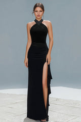 Neckholder Schwarzes Samt Etui Ballkleid mit Schlitz