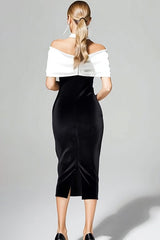 Schulterfreies Midikleid aus schwarzem weißem Samt