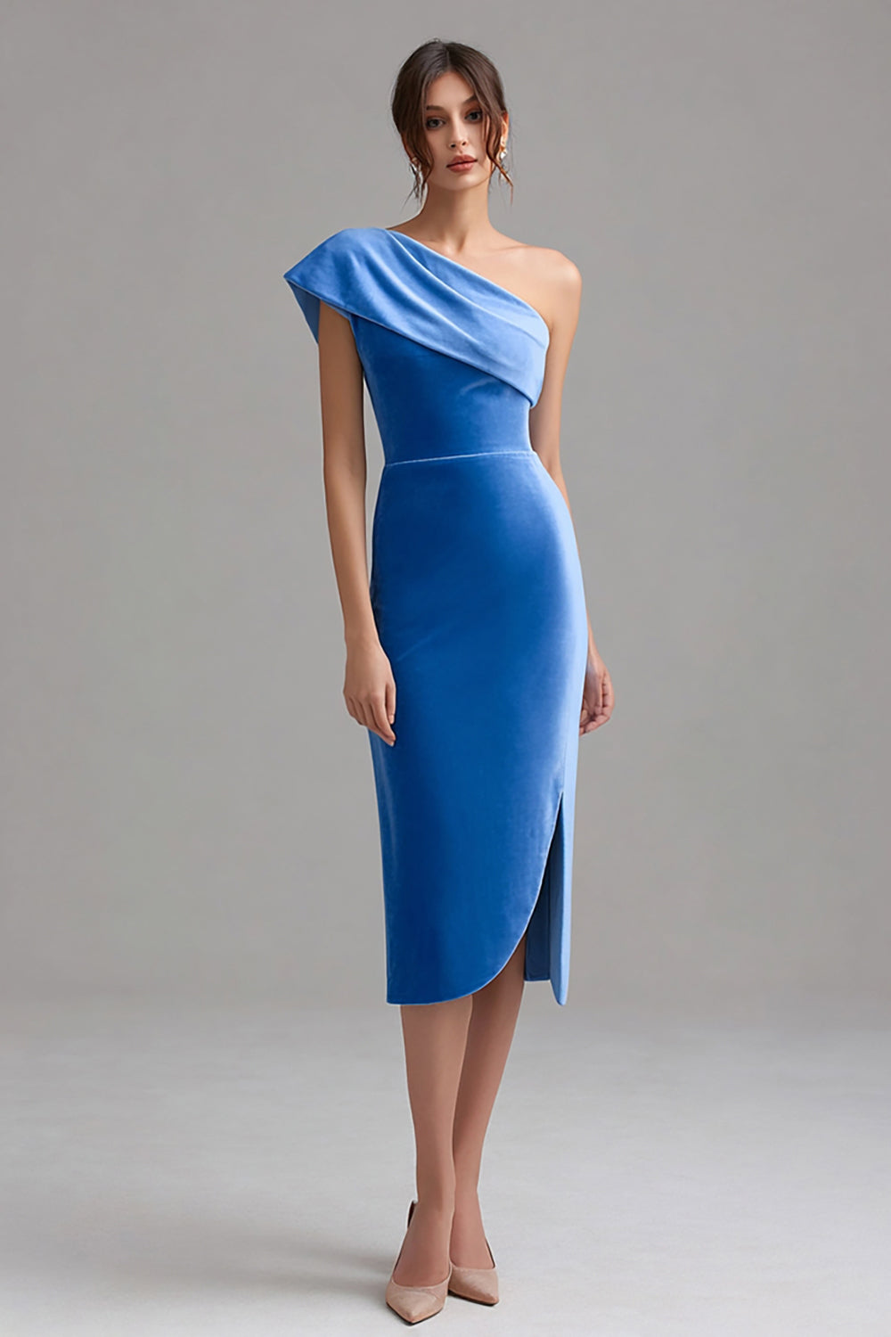 Eine Schulter Blaues Samt Formal Kleid mit Schlitz