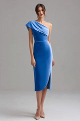 Eine Schulter Blaues Samt Formal Kleid mit Schlitz