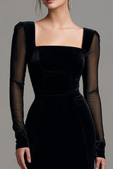 Schwarzes Langes Ballkleid mit Schlitz und langen Ärmeln aus Samt