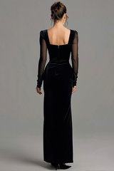 Schwarzes Langes Ballkleid mit Schlitz und langen Ärmeln aus Samt