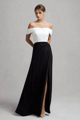 Schwarz Weißes Schulterfreies Satin Ballkleid mit Schlitz
