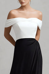 Schwarz Weißes Schulterfreies Satin Ballkleid mit Schlitz