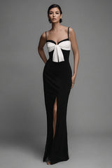 Schleife Spaghettiträger Schwarzes Ballkleid mit Schlitz