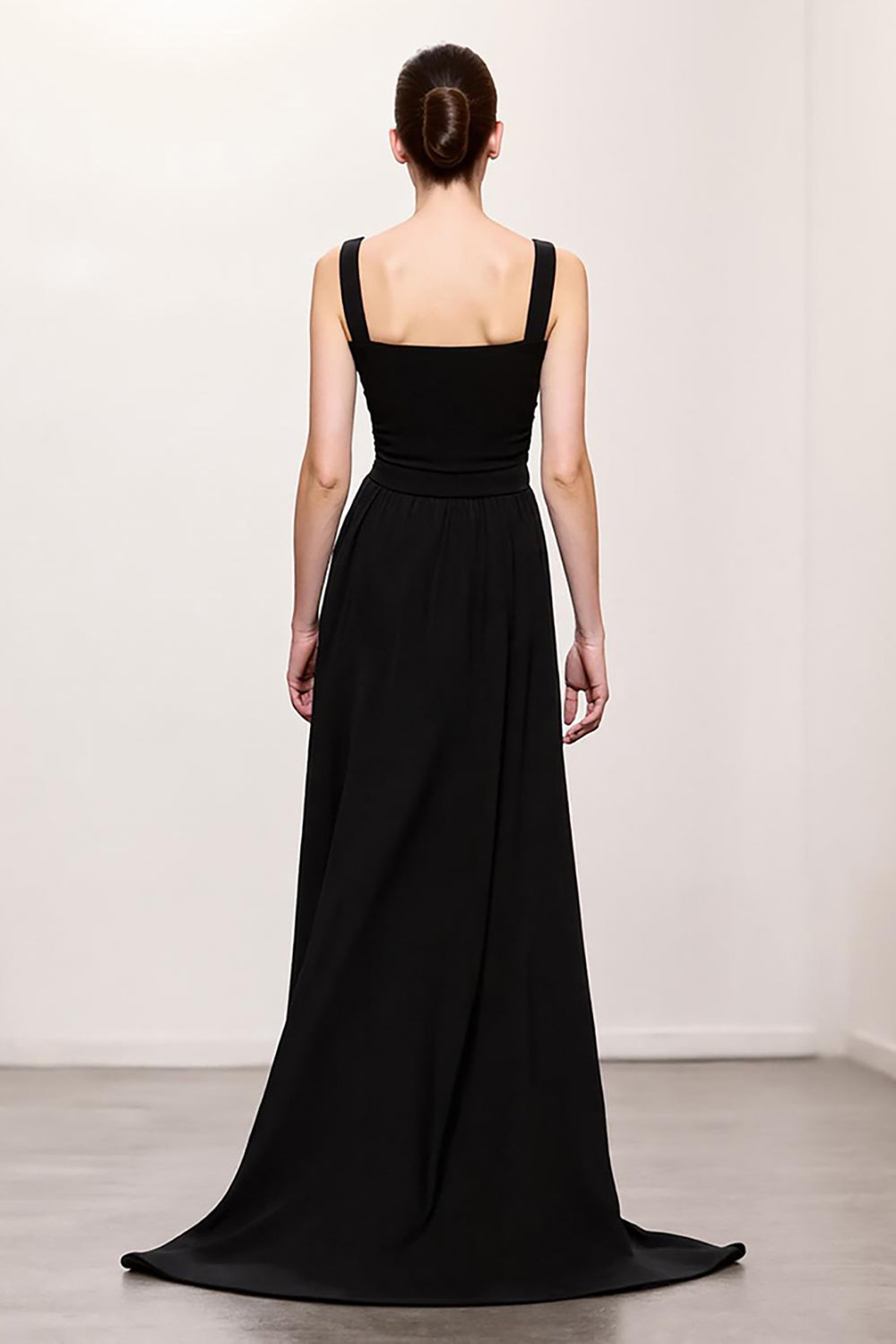 Schwarzes Langes Etui Gerafftes Abendkleid mit Trägern