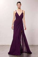 Lila Langes V-Ausschnitt Abendkleid mit Rüschen und Schlitz