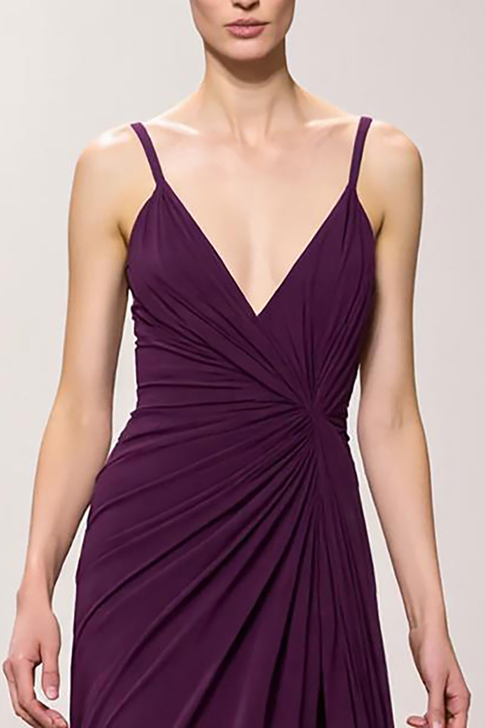 Lila Langes V-Ausschnitt Abendkleid mit Rüschen und Schlitz