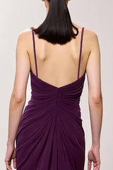 Lila Langes V-Ausschnitt Abendkleid mit Rüschen und Schlitz