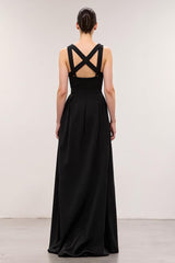 Schwarzes Langes A-Linie Abendkleid mit quadratischem Ausschnitt