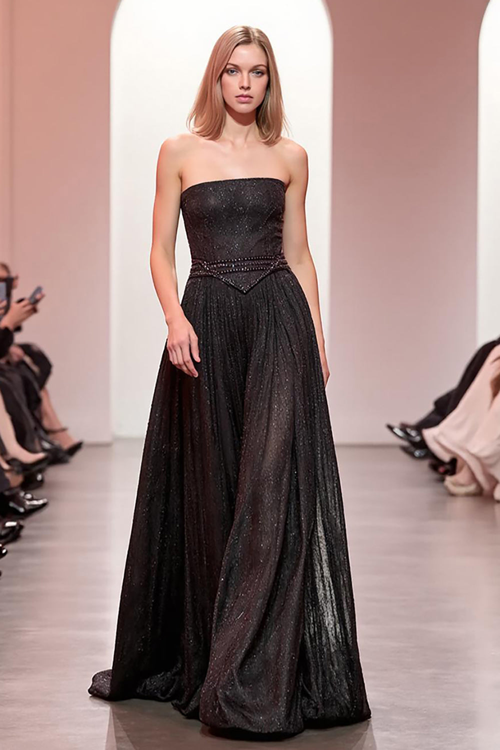 Schwarzes Glitzerndes Trägerloses Langes Abendkleid in A-Linie