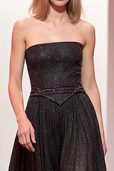 Schwarzes Glitzerndes Trägerloses Langes Abendkleid in A-Linie