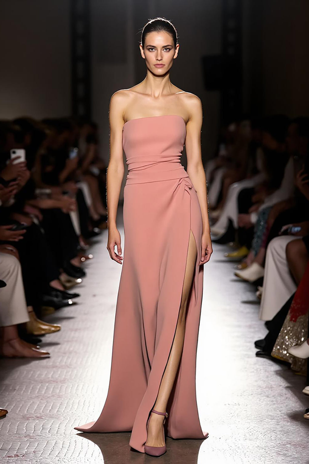 Rosa Einfaches Gerafftes Trägerloses Langes Abendkleid mit Schlitz