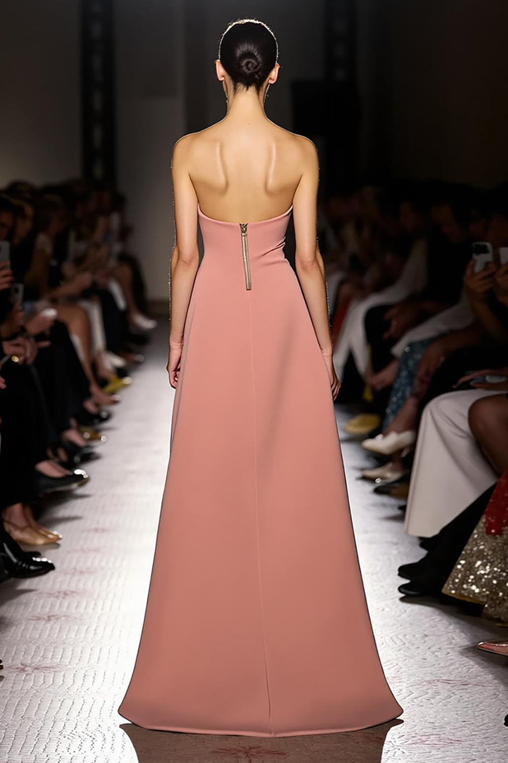 Rosa Einfaches Gerafftes Trägerloses Langes Abendkleid mit Schlitz