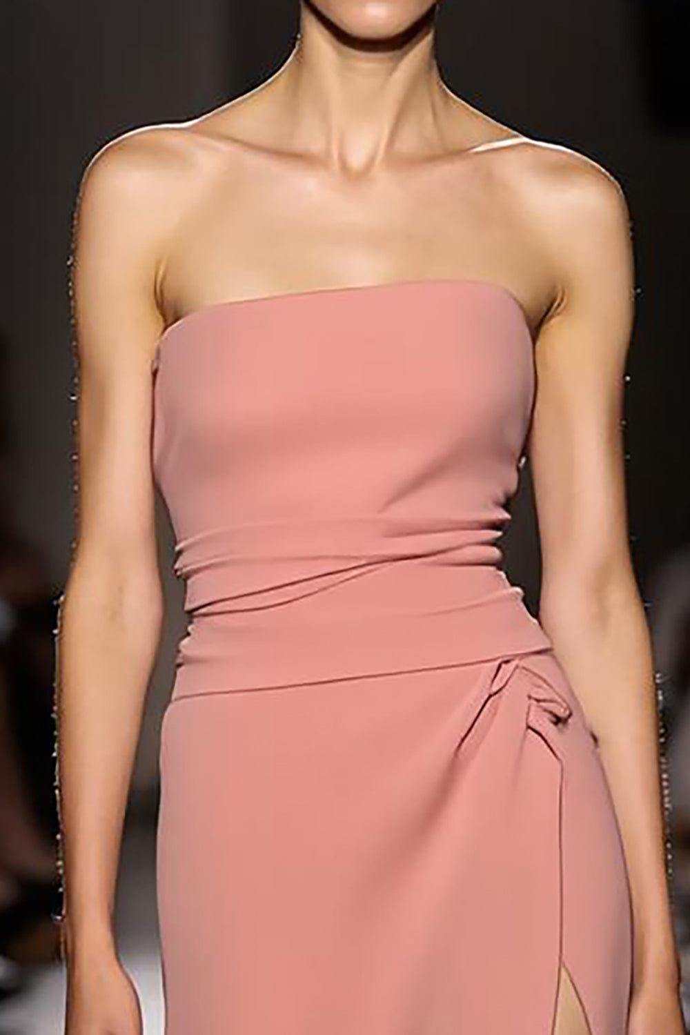 Rosa Einfaches Gerafftes Trägerloses Langes Abendkleid mit Schlitz