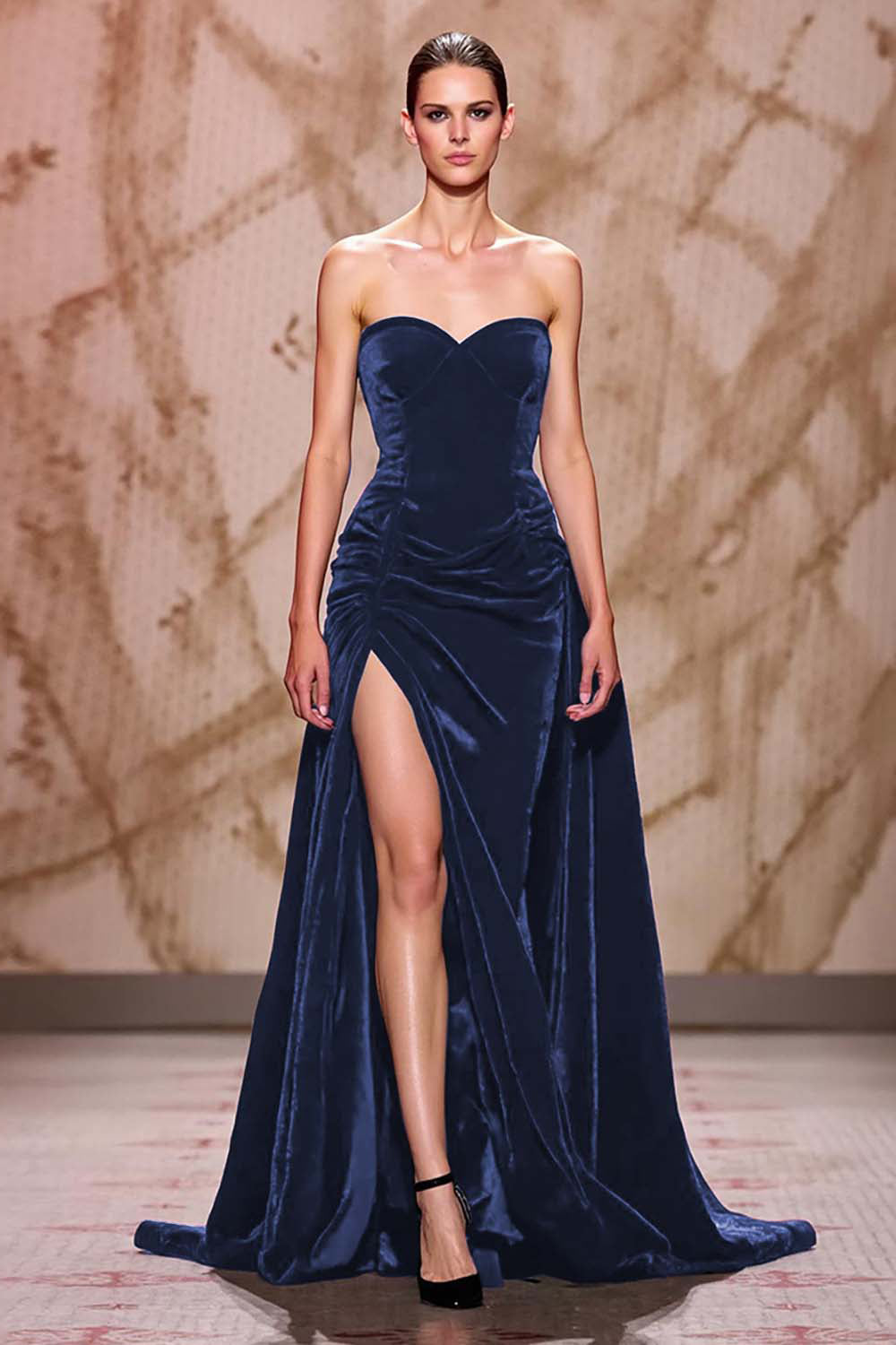 Samt Dunkelrotes Herzausschnitt Langes Abendkleid mit Schlitz