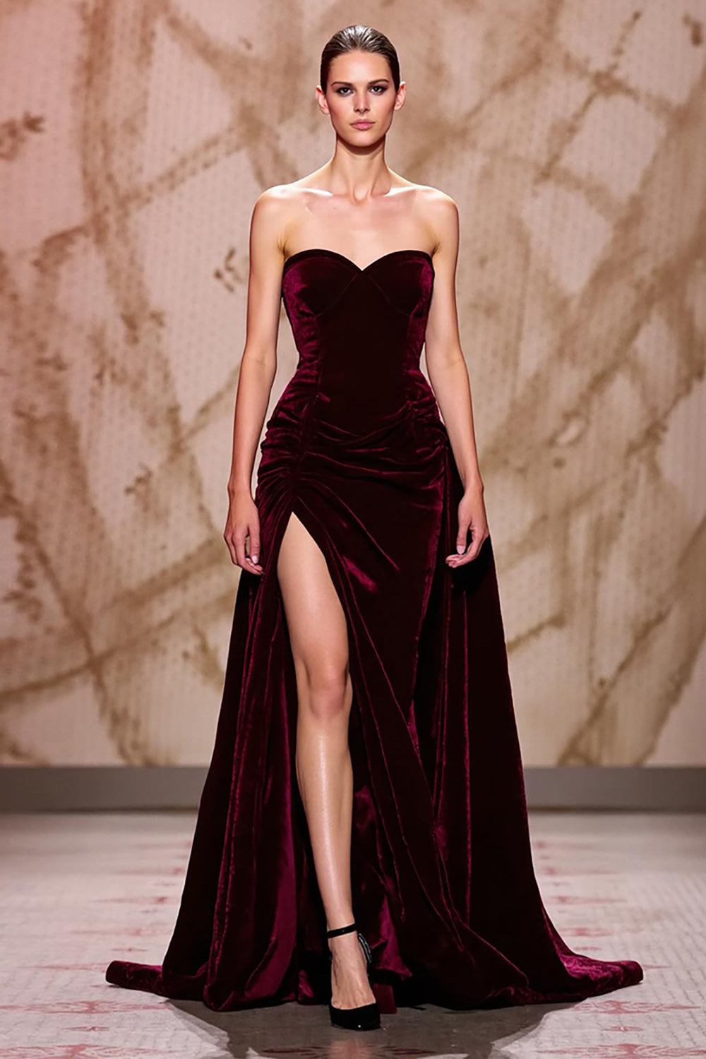 Samt Dunkelrotes Herzausschnitt Langes Abendkleid mit Schlitz
