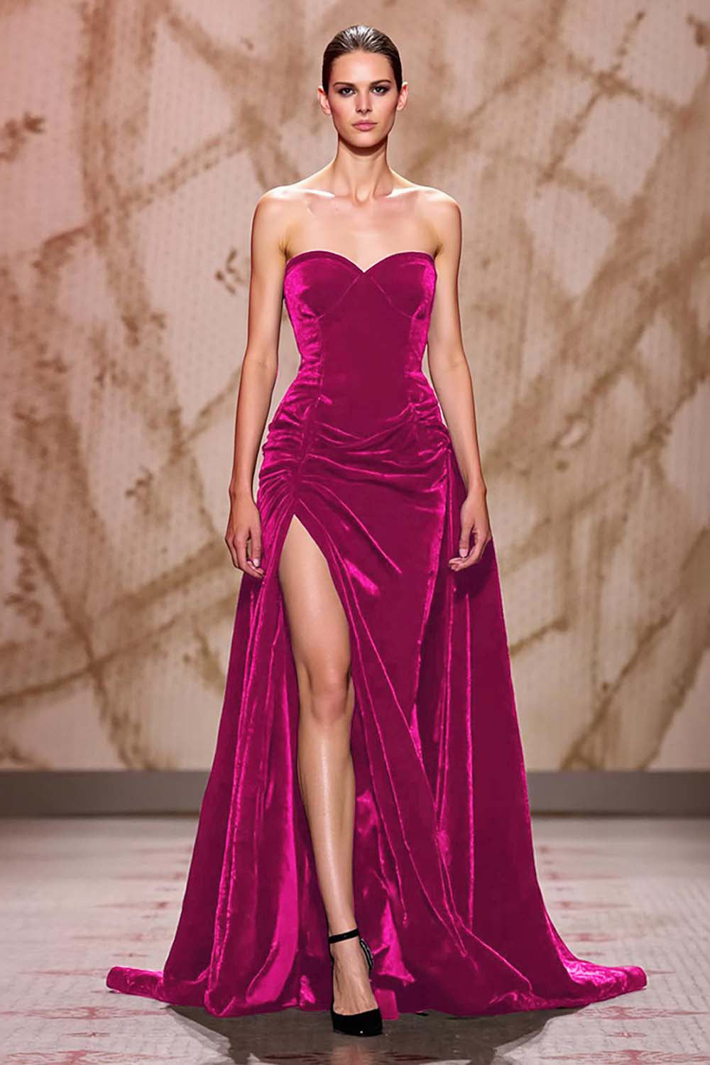 Samt Dunkelrotes Herzausschnitt Langes Abendkleid mit Schlitz