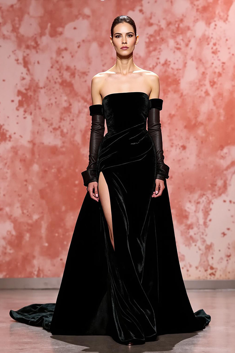 Samt Schwarzes Trägerloses Langes A-Linie Abendkleid mit Schlitz