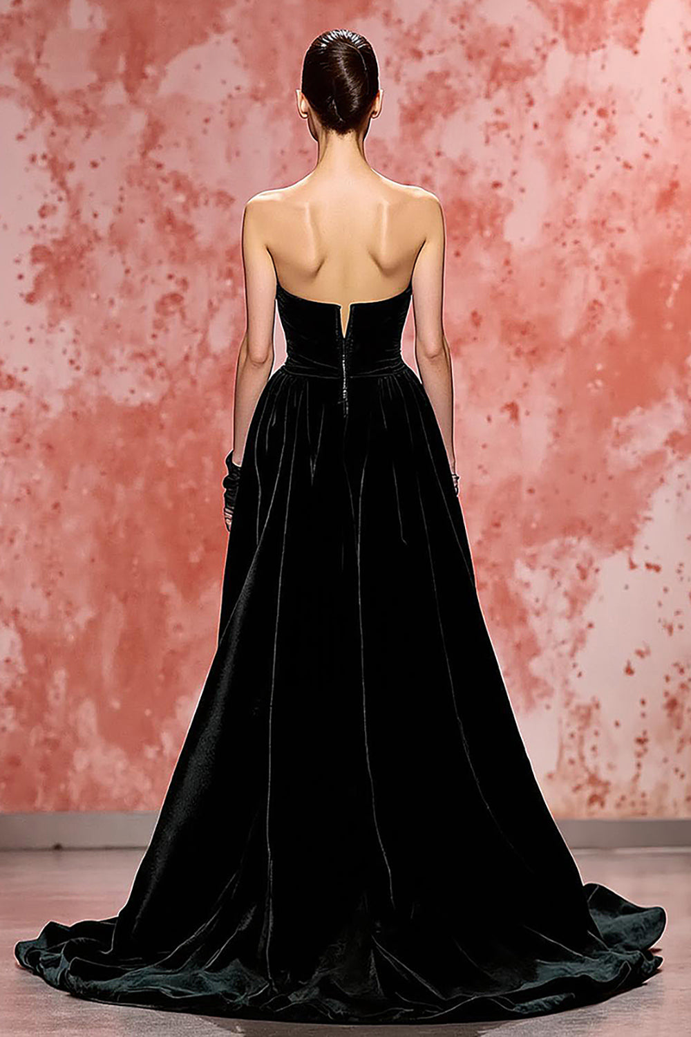 Samt Schwarzes Trägerloses Langes A-Linie Abendkleid mit Schlitz