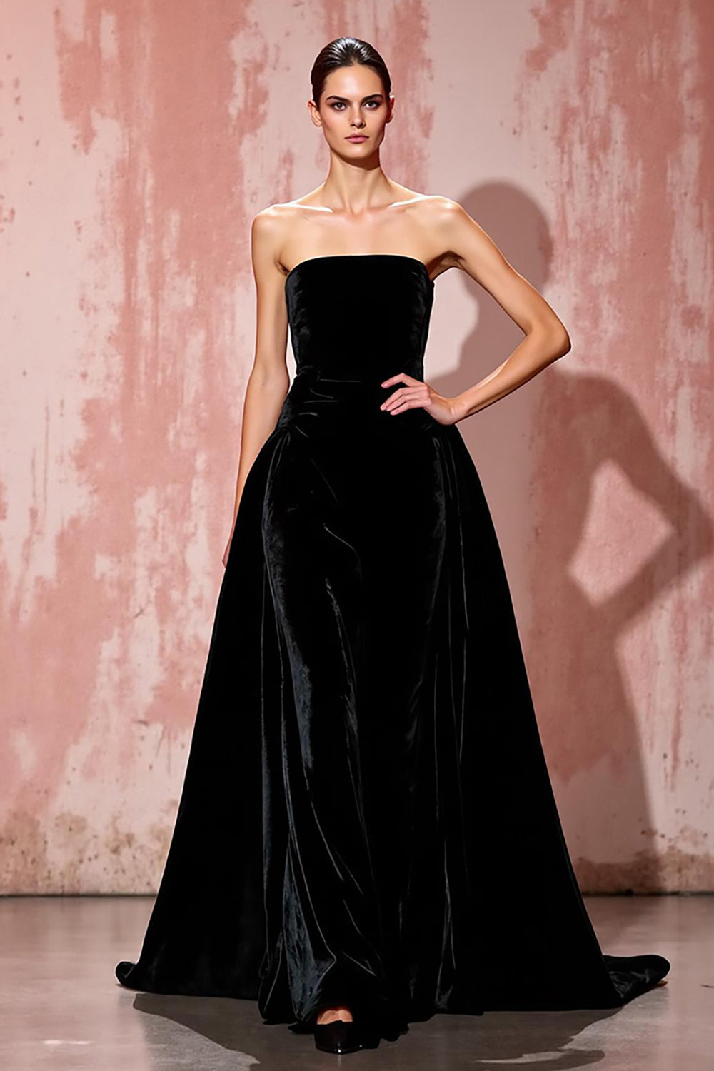 Einfaches Schwarzes Trägerloses Abendkleid aus Samt in A-Linie
