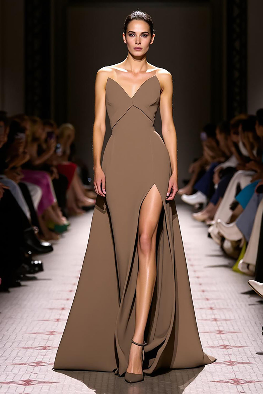 Kaffee A-Linie Abendkleid aus Satin mit V-Ausschnitt und Schlitz