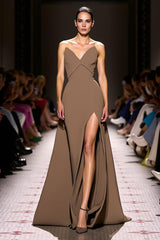 Kaffee A-Linie Abendkleid aus Satin mit V-Ausschnitt und Schlitz