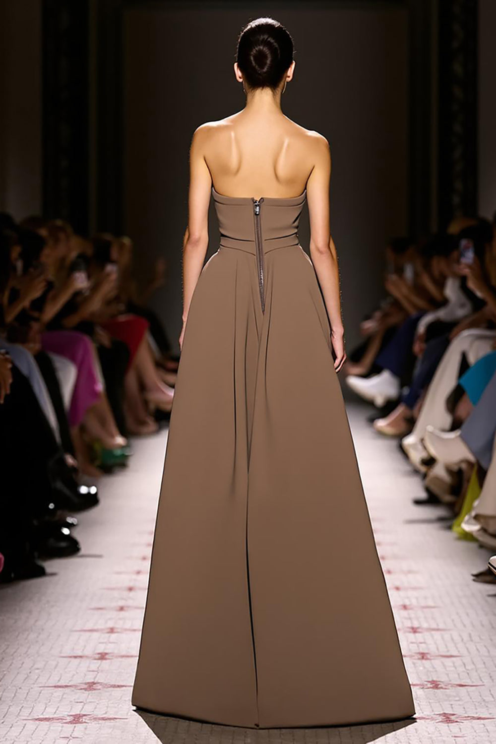 Kaffee A-Linie Abendkleid aus Satin mit V-Ausschnitt und Schlitz