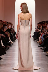 A-Linie Champagner Trägerloses Pailletten Abendkleid mit Schlitz