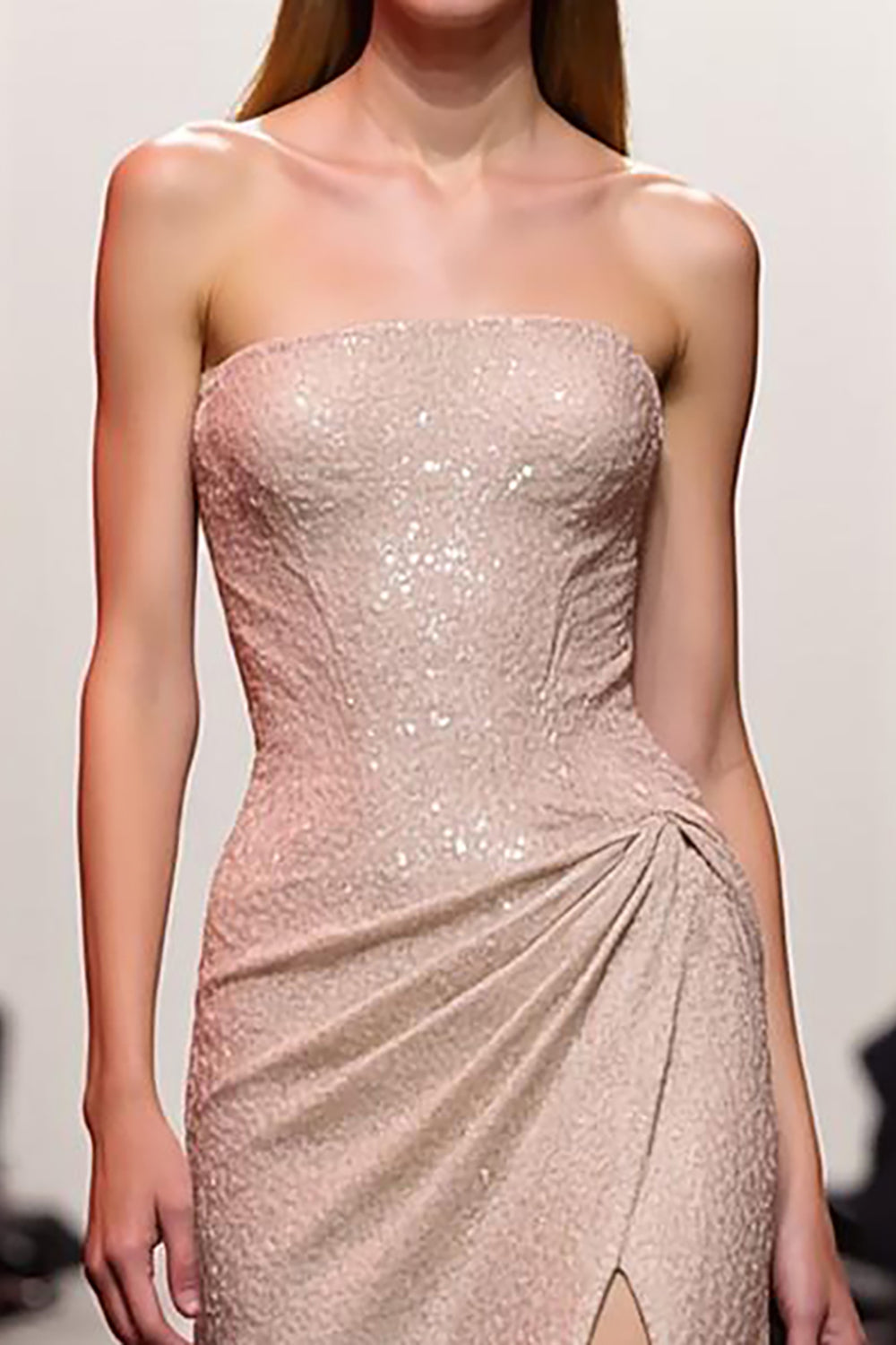 A-Linie Champagner Trägerloses Pailletten Abendkleid mit Schlitz