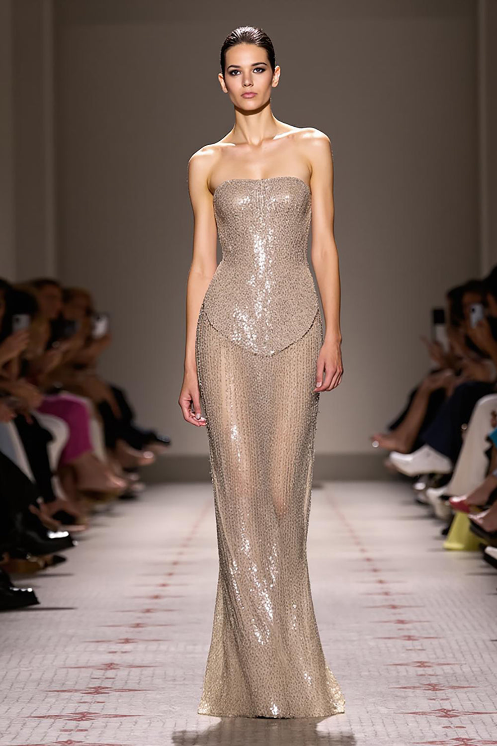 Pailletten Champagner A-Linie Trägerloses Langes Abendkleid