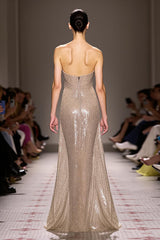 Pailletten Champagner A-Linie Trägerloses Langes Abendkleid
