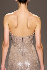 Pailletten Champagner A-Linie Trägerloses Langes Abendkleid